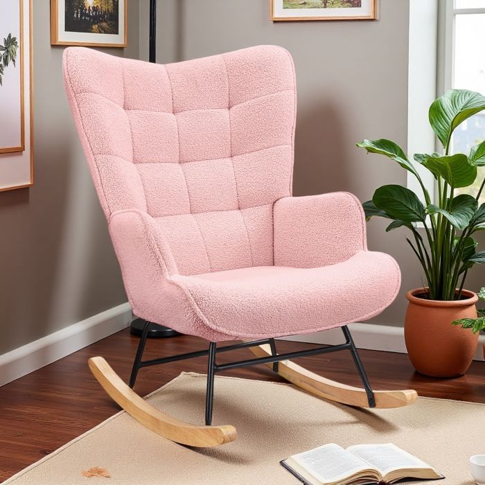 Fauteuil à bascule allaitement - Rose - Tissu Velours Teddy - Design contemporain - 1 place - MEUBLES