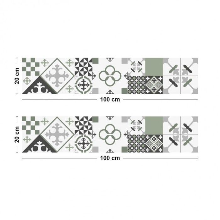 Salpicadero de cocina de aluminio con efecto de azulejo de cemento verde - 200x20 cm (en 2 tiras) - 99 Déco