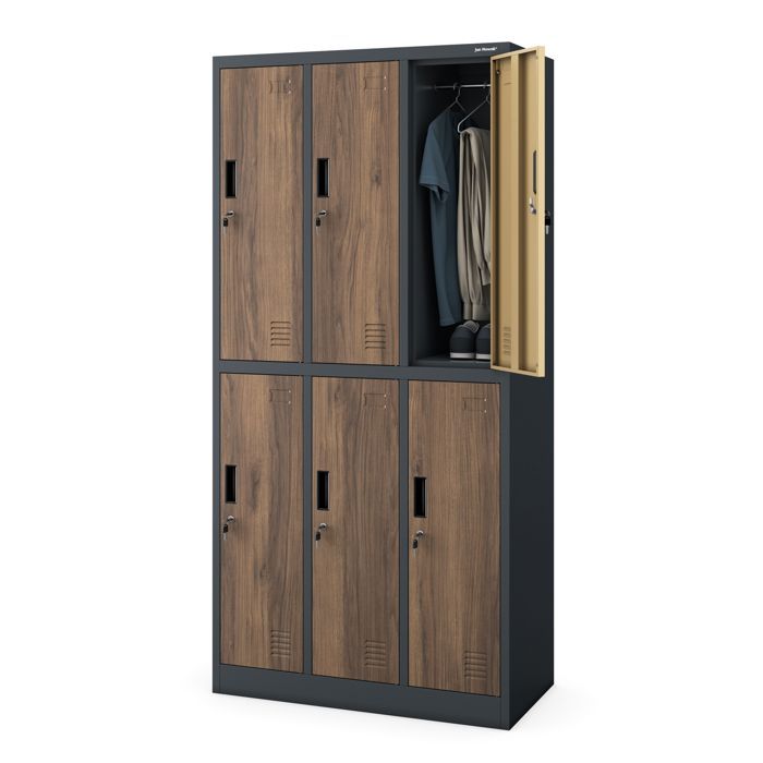 Casier vestiaire 3B2A Armoire Metallique 6 Compartiments Revêtement en Poudre 185 cm x 90 cm x 45 cm (Anthracite/Imitation Bois)