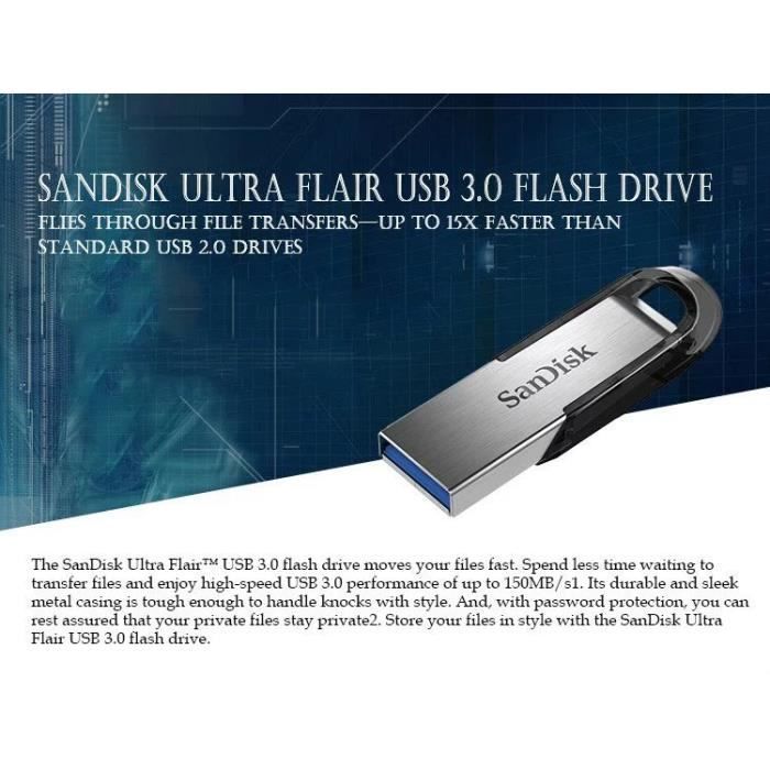 Clé USB 3.0 SanDisk Ultra Flair 128 Go - Hautes vitesses de transfert jusqu'à 150 Mo/s