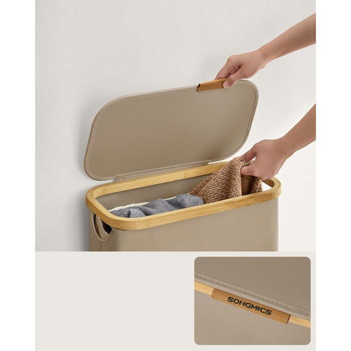 Cesto de ropa delgado SONGMICS con tapa, 65 L, forro de malla extraíble, tela Oxford, plegable, 42 x 22,5 x 70,5 cm, marrón