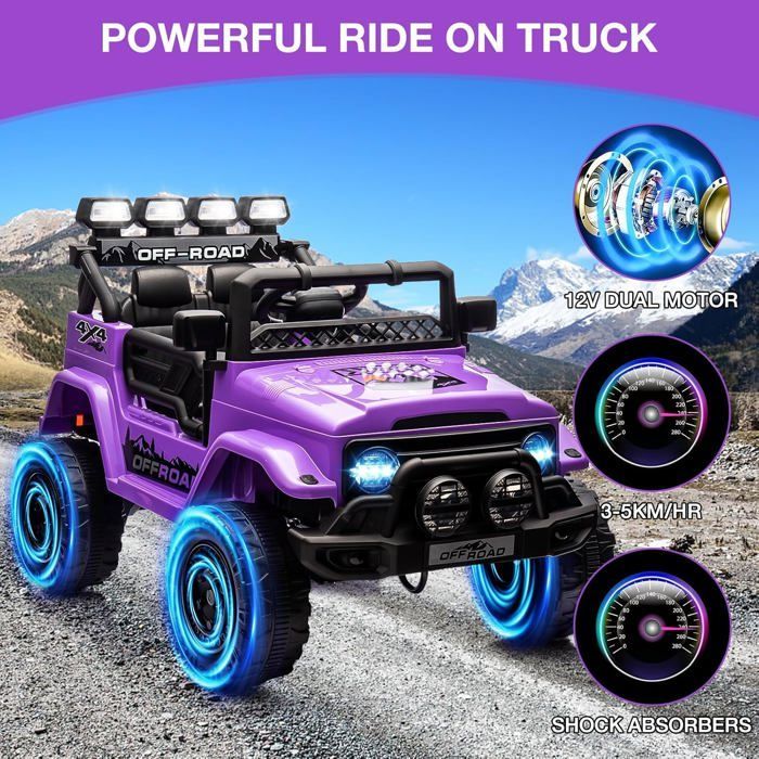Coche eléctrico infantil de 12 V con mando a distancia, música, luces LED y claxon, 3 velocidades, para niños de 3 años en adelante, color morado.