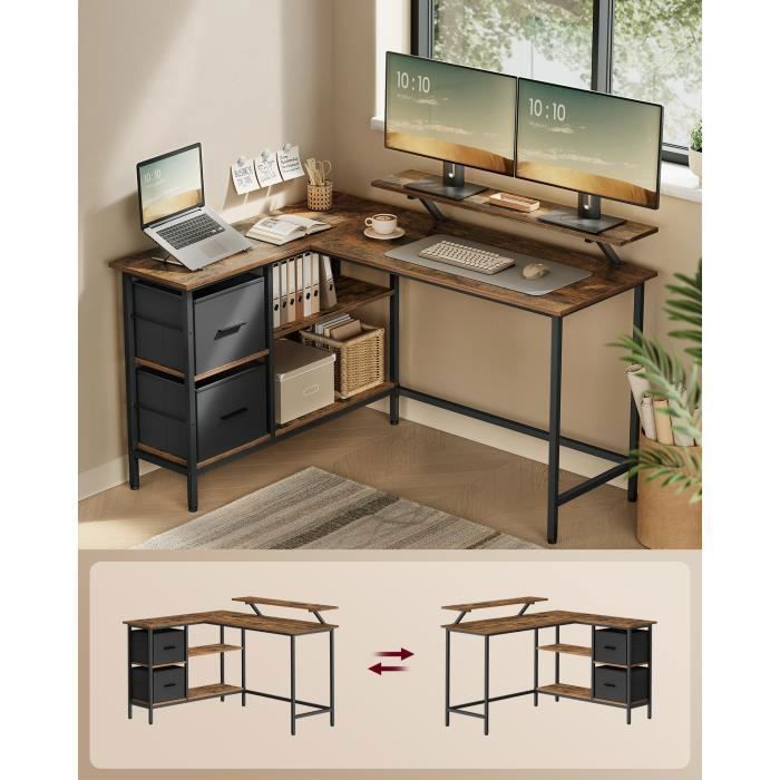 L-förmiger Schreibtisch mit 2 geräumigen Schubladen und Monitorständer, verstellbarem Regalboden, 135 cm lang, fürs Büro, rustikal braun