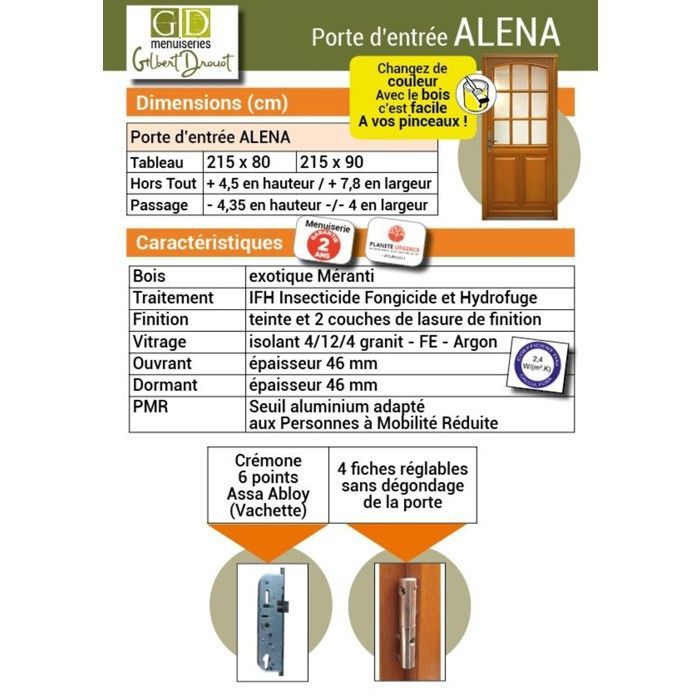 Puerta de entrada de madera acristalada Alena, 215 cm de alto x 80 cm de ancho, lado izquierdo