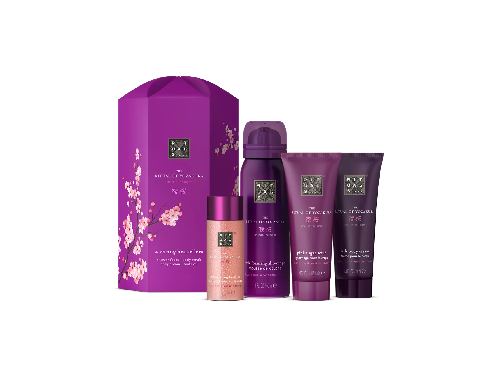 The Ritual of Yozakura -lahjasetti S vaahtoava suihkugeeli 50 ml, vartalovoide 40 ml, pinkki sokerikuorinta 45 g, hohtava vartaloöljy 30 ml