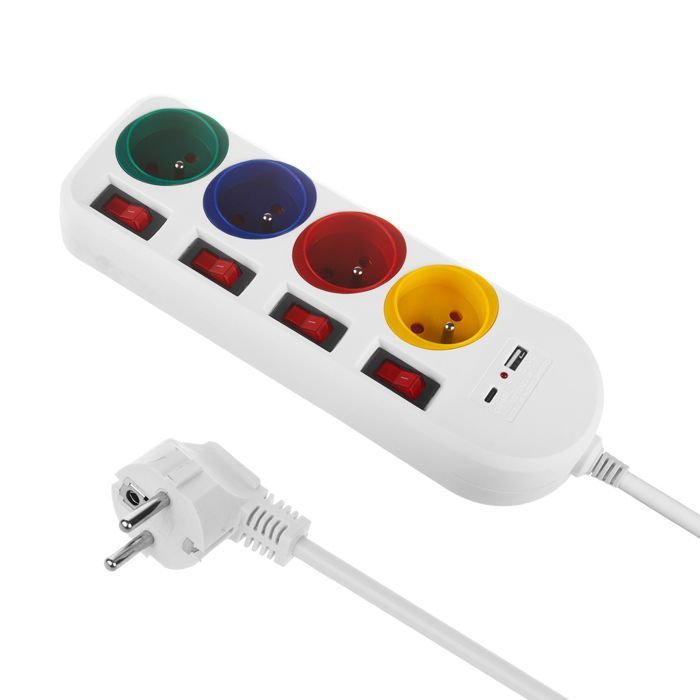 Regleta eléctrica Maclean MCE508 W con 4 tomas de corriente + 2 puertos USB, interruptores individuales y cable blanco de 1,5 m.