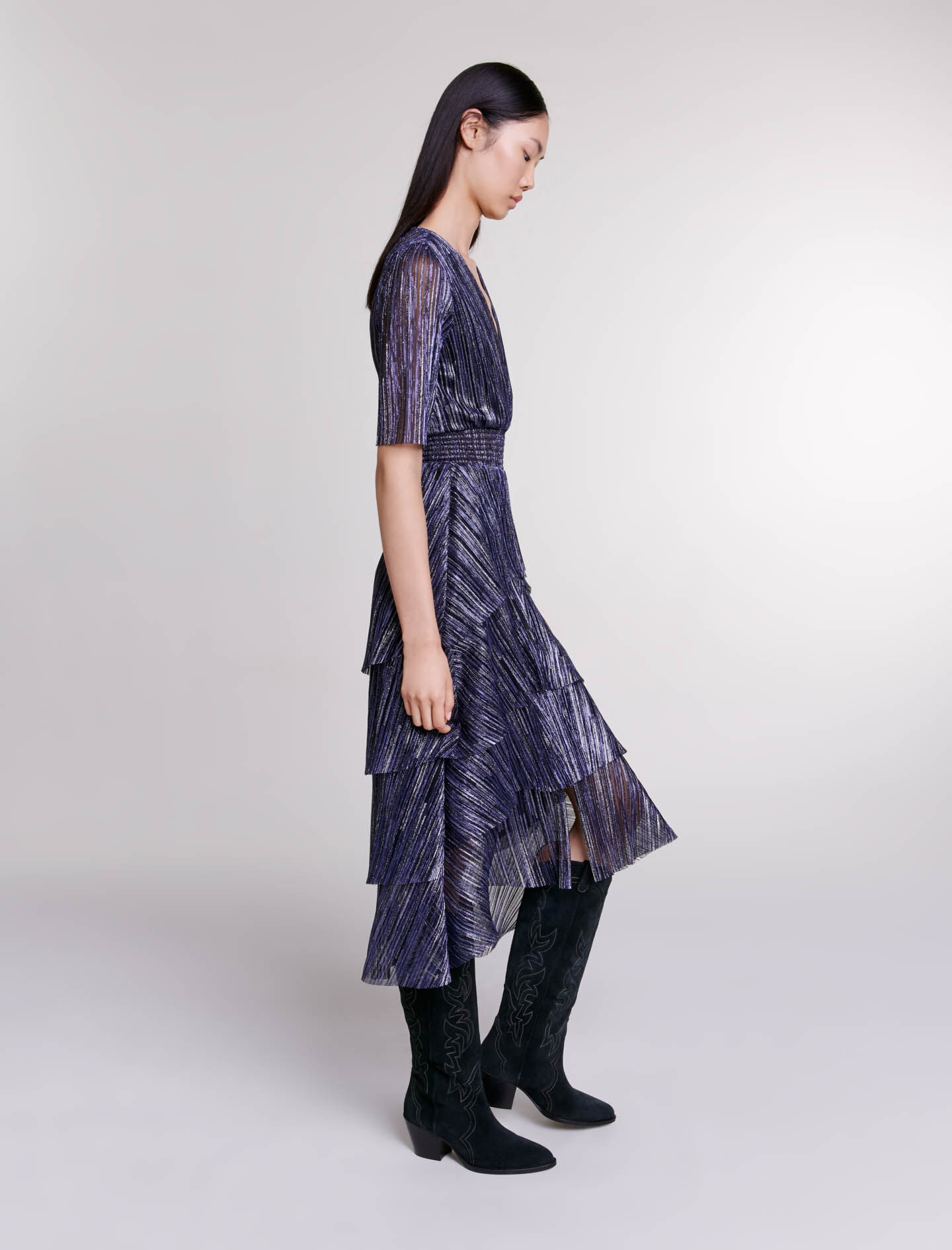 Rochie cu volane din lamé integral - Bleumarin