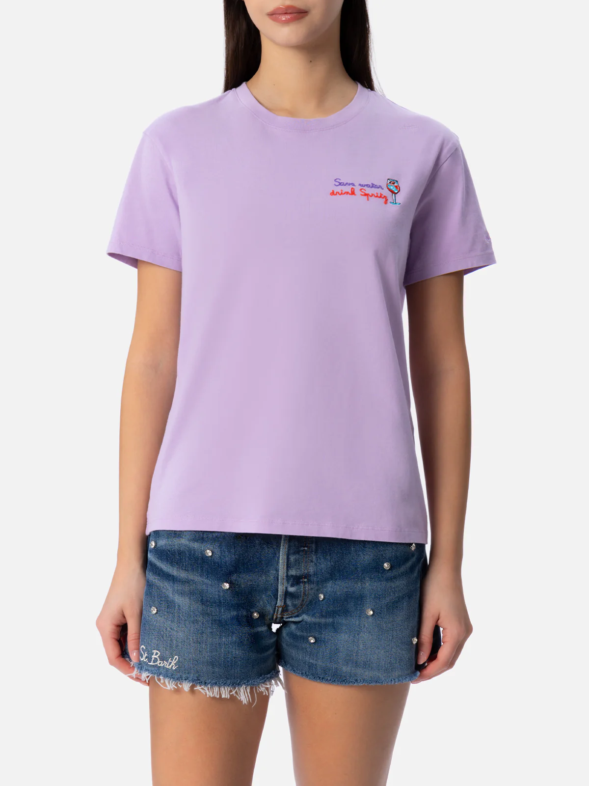 T-shirt da donna girocollo Emilie in jersey di cotone con ricamo Save