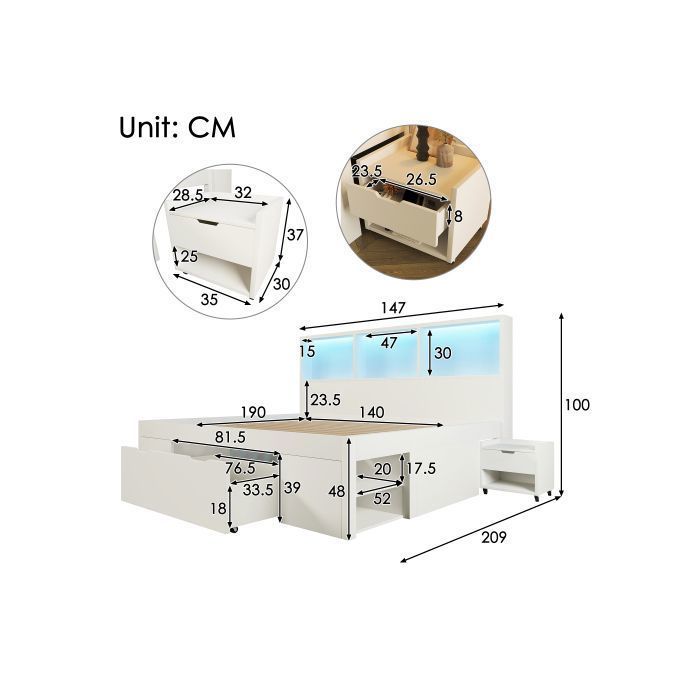Lit adulte 140x190 cm - Lit double - Avec tête de lit avec LED, USB et Type C - Avec tiroir et chevets - Blanc - Sans matelas