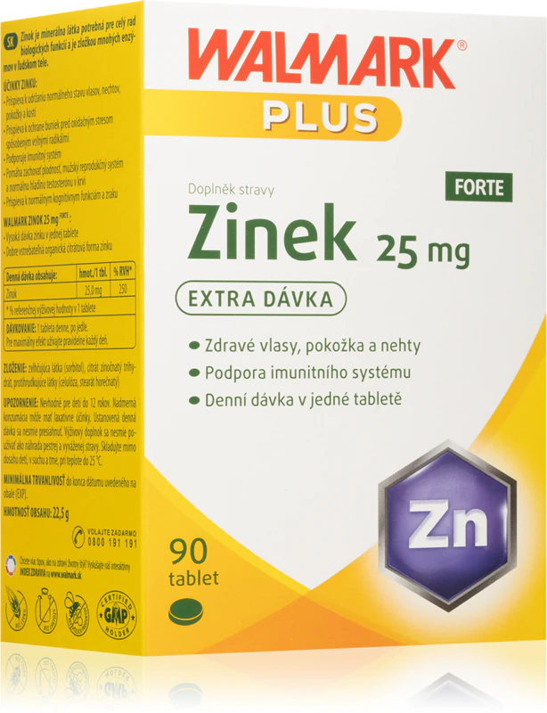 Comprimidos de suplemento alimentar Walmark Cynk FORTE 25 mg para cabelo, unhas, pele e saúde bucal.