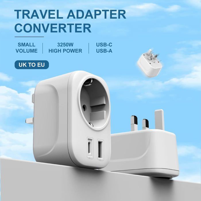 Adattatore da viaggio da Regno Unito a Francia con USB A e C 2.4A, da spina europea francese a 2 pin a spina britannica a 3 pin