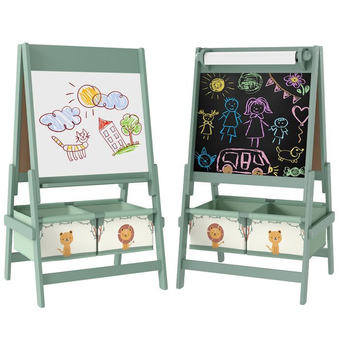 3-in-1 Children's Easel - AIYAPLAY - Double-Sided - Black and White Board - Paper Roll - 2 Storage Baskets - Ages 3-8 - Green