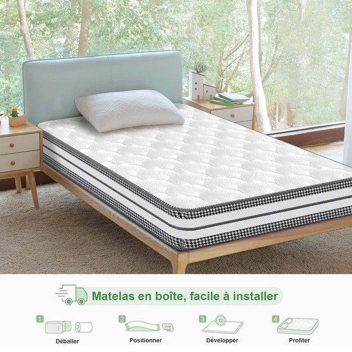 Colchón de 90x200 cm - Grosor 25 cm, Muelles ensacados - Espuma de alta resiliencia - Hipoalergénico - Extra firme