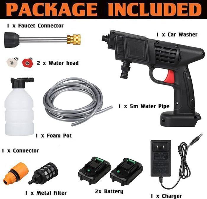 Pistola a spruzzo ad alta pressione - TANBABY - 600W - 2 batterie da 2000mAh - Ugello 3 in 1 - Senza fili e portatile