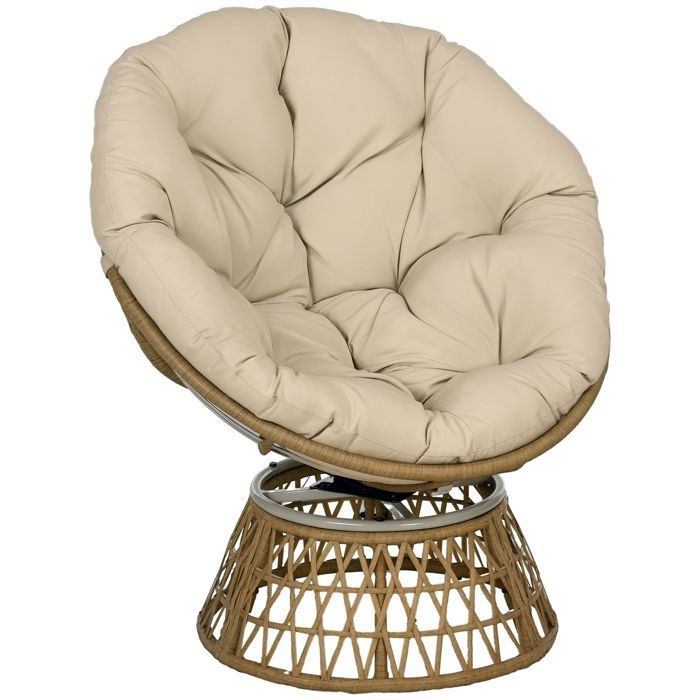Papasanstoel - Outsunny - PE-rotan vlechtwerk - 360° draaibaar - gewatteerd kussen - 85 x 70 x 82 cm - kaki