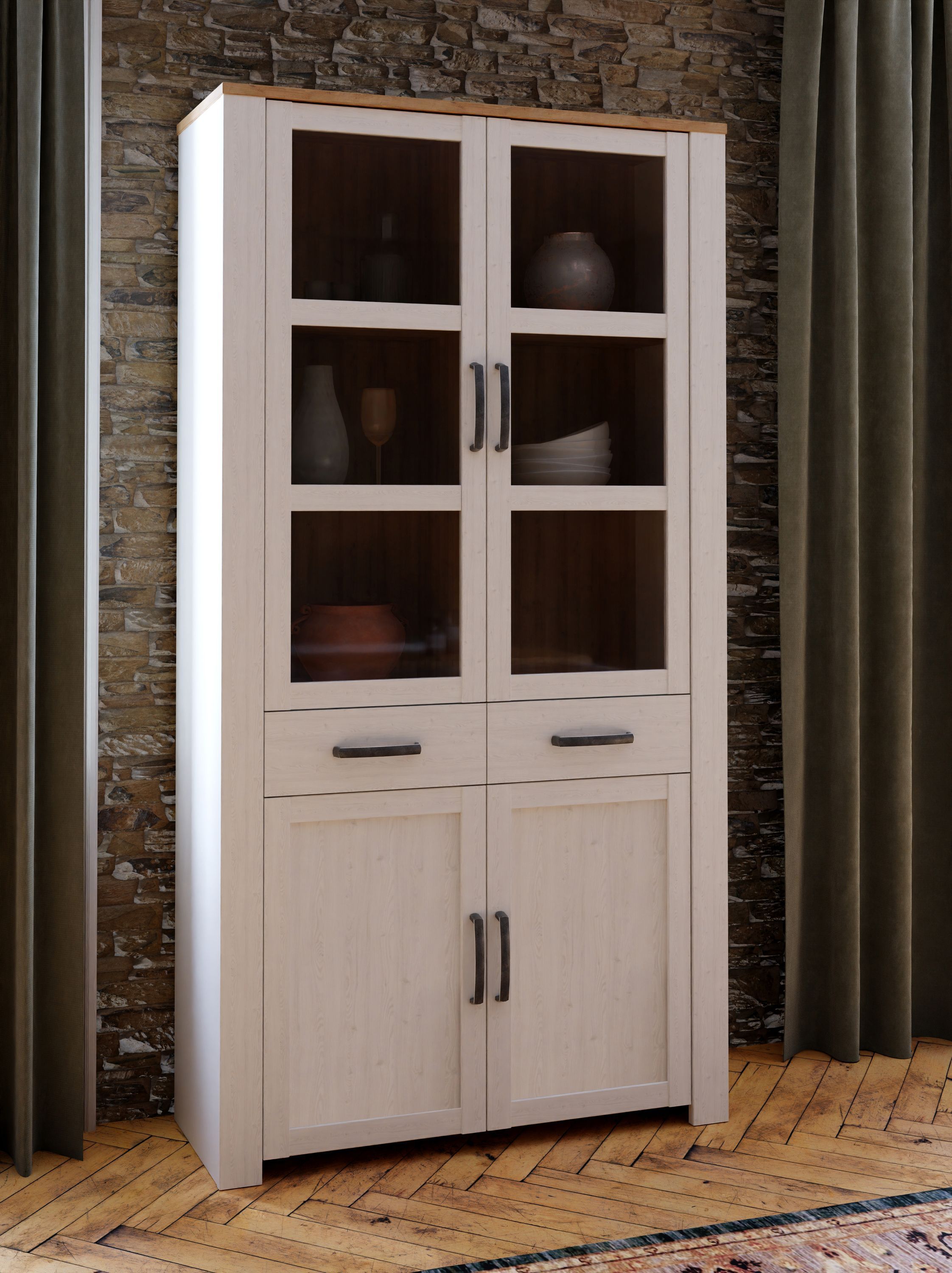 Vitrine Large BOHOL Blanche – 4 Portes dont 2 Vitrées + 2 Tiroirs – L 106,4 × P 42 × H 205,4 cm