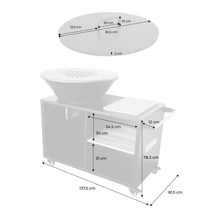 Brasero para barbacoa STROMBOLI de 80 cm de diámetro, carrito de servicio con espacios de almacenamiento y tapa.