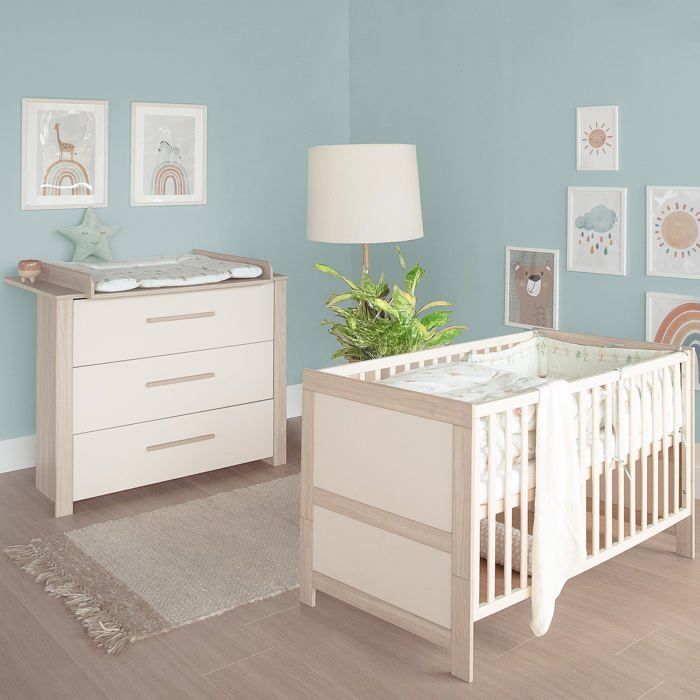 Conjunto de dormitorio convertible para bebé ROBA Momo - Cuna de 70x140cm + cambiador de 3 cajones - Beige cachemir - Roble Tristan