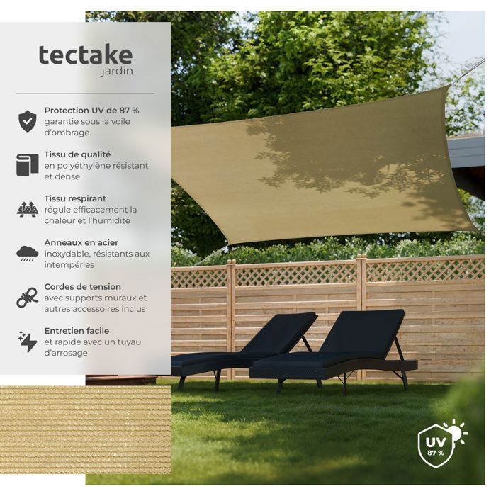 Voile d'ombrage - TECTAKE - Protection solaire SUNNY extérieur en HDPE indéchirable avec protection UV imperméable 3x4m - Sable