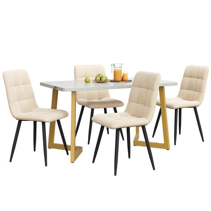 Conjunto de mesa de jantar de 117×68 cm com 4 cadeiras - Conjunto moderno de mesa e cadeiras para cozinha/sala de estar - Cadeiras em veludo bege