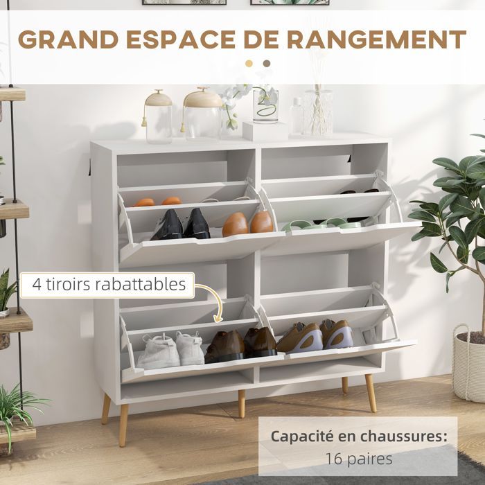 Zapatero - HOMCOM - 4 puertas abatibles - 16 pares - estante ajustable - patas de madera de pino - gran capacidad - blanco