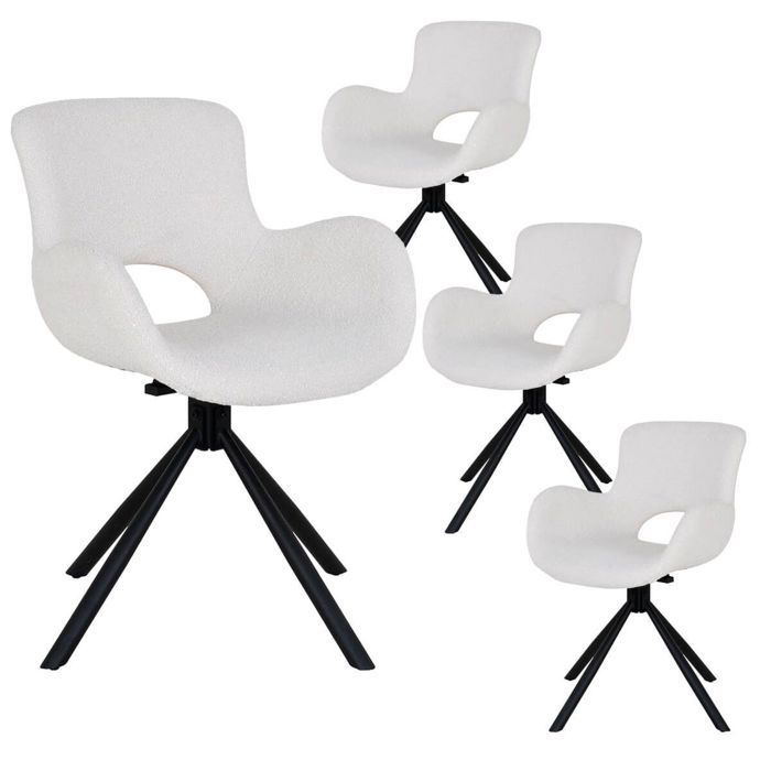 HERMOS - Juego de 4 sillas de comedor en tela bouclé blanca con base giratoria de metal negro.