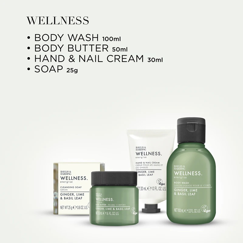 Darilni set za telo Baylis & Harding Wellness. Energise z ingverjem, limeto in bazilikinimi listi