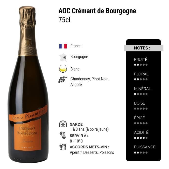 Crémant de Bourgogne Les Terroirs Brut Blanc - Caja de 6 x 75cl - Louis Picamelot - Vino Espumoso AOC Blanc de Bourgogne
