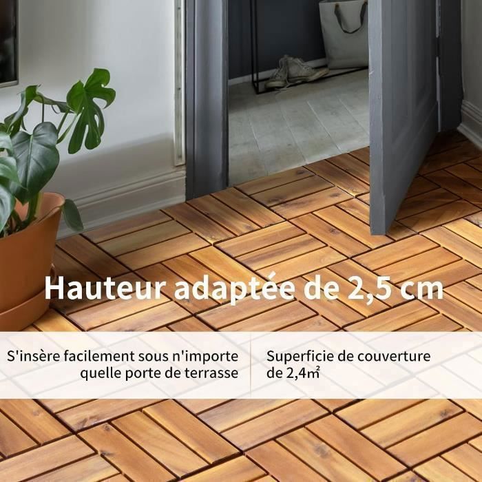 Sett med 27 COSTWAY 30 x 30 cm sammenlåsende terrassefliser i akasietre, foroljet med plastmatte – 12 lameller