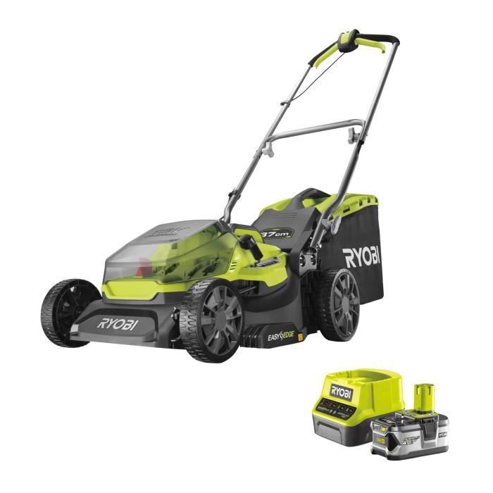 RYOBI - Cortacésped de empuje ONE+ de 18 V - Diámetro de corte de 37 cm - Recogida y trituración + 1 batería de 4,0 Ah y cargador de 2,0 A - RY18LM37A-140