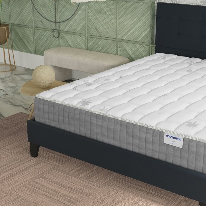 Colchón y cama (140x200cm) - Galice 25cm Muelles ensacados y espuma viscoelástica + Base de láminas y cabecero tapizados en negro