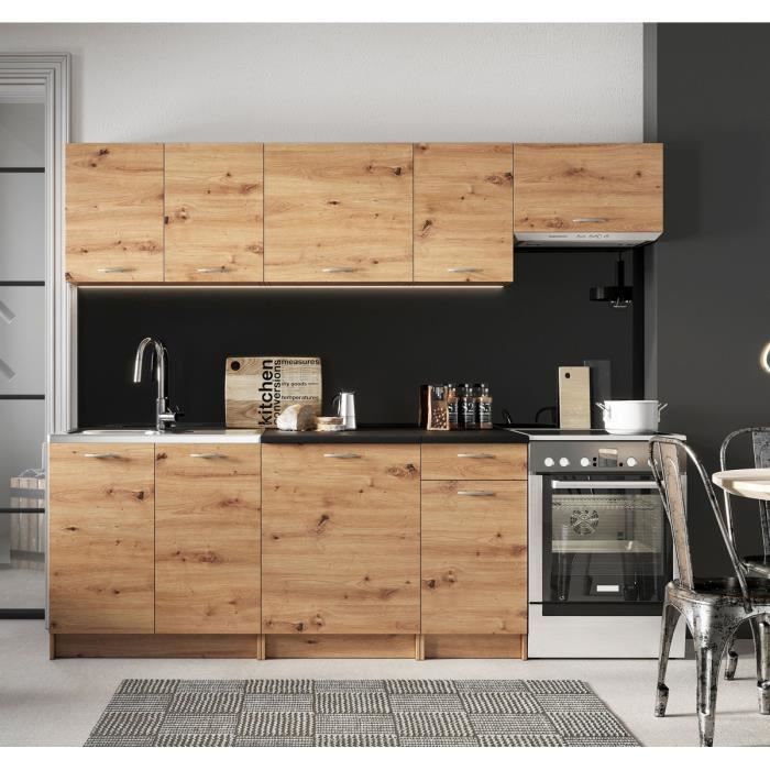 Cuisine complète Mila 7 éléments couleur chêne artisan avec plan de travail inclus - Longueur 180-240 cm