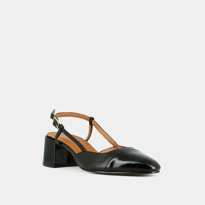 Babies à talons ouverts  en vernis et cuir noir
