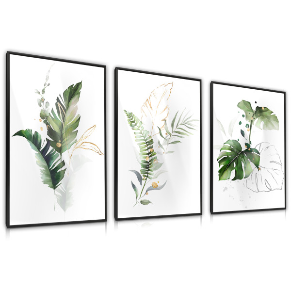 ZESTAW 3X Plakat W Ramie Akwarele Liście Tropikalne 30x40cm