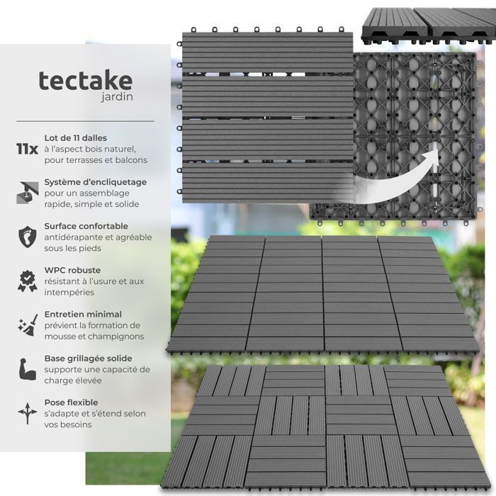 Terrassenfliesen – TECTAKE – Set mit 11 TEGULAS Terrassenfliesen in WPC-Holzoptik – Grau