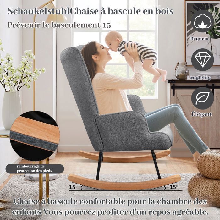 Fauteuil à Bascule - LUMINARIX - Gris foncé - Scandinave - Pieds en Métal et Bois Massif - 1 place