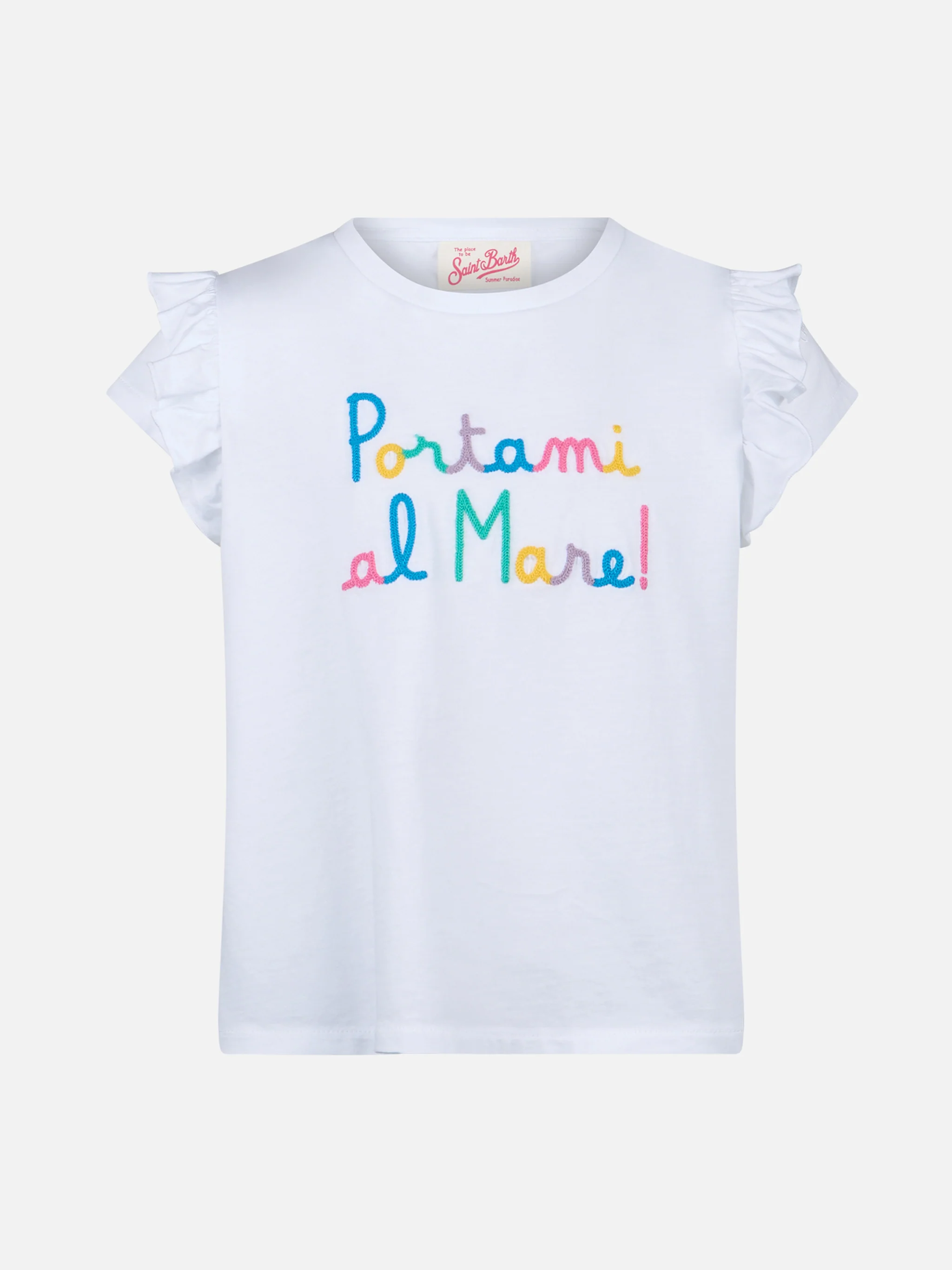 Katoenen T-shirt voor meisjes met ruches en borduurwerk.