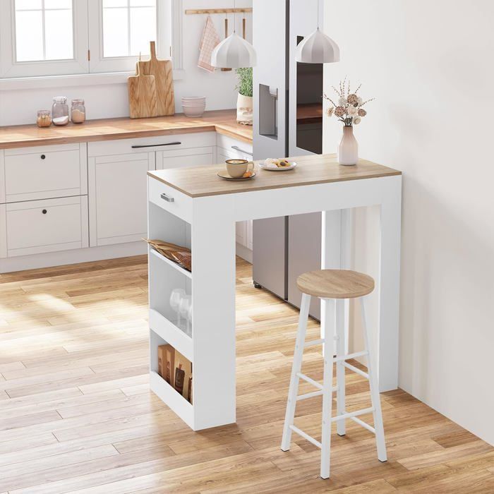 WOLTU Bar Table, High Kitchen Table with Drawer, Engineered Wood Console Table, 100x50x100cm, White+Light Oak W0ATT0371
