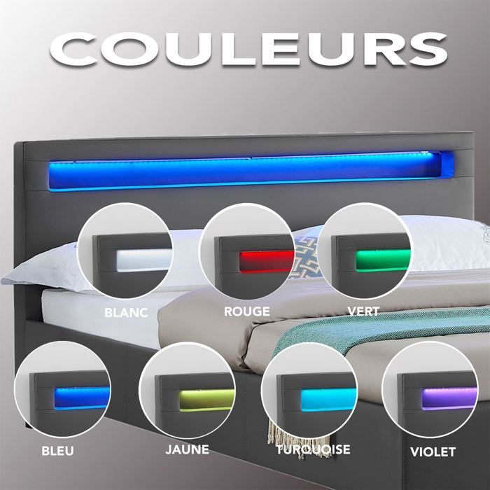 Cama individual LED de 120x190 cm con somier de láminas, cabecero confortable, cama individual con tapicería sintética gris, MIRANDO