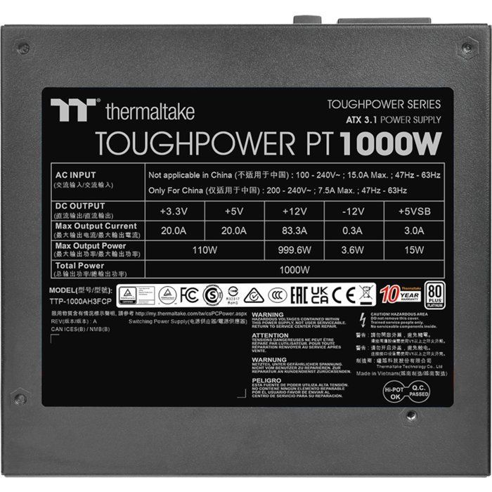 Fonte de alimentação modular para PC THERMALTAKE Toughpower PT - 1000 W - 80 Plus Platinum