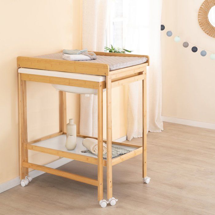 Table à langer avec baignoire coulissante - ROBA - Inclus matelas déperlant Roba style Gris - Tablette de rangement - Bambou naturel