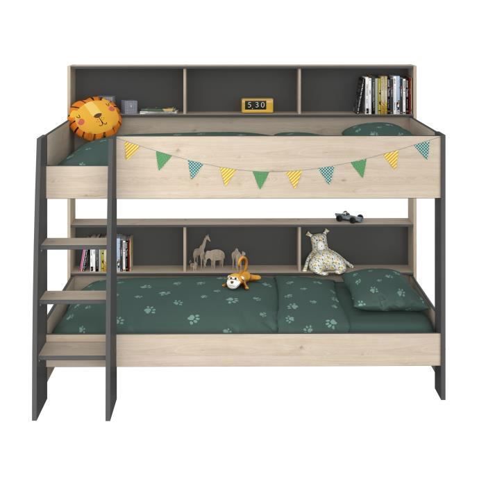 PARISOT Lits superposés enfant - Décor Chêne Jackson et Gris Ombre - Sommiers inclus - 2 x 90 x 200 cm - JIM