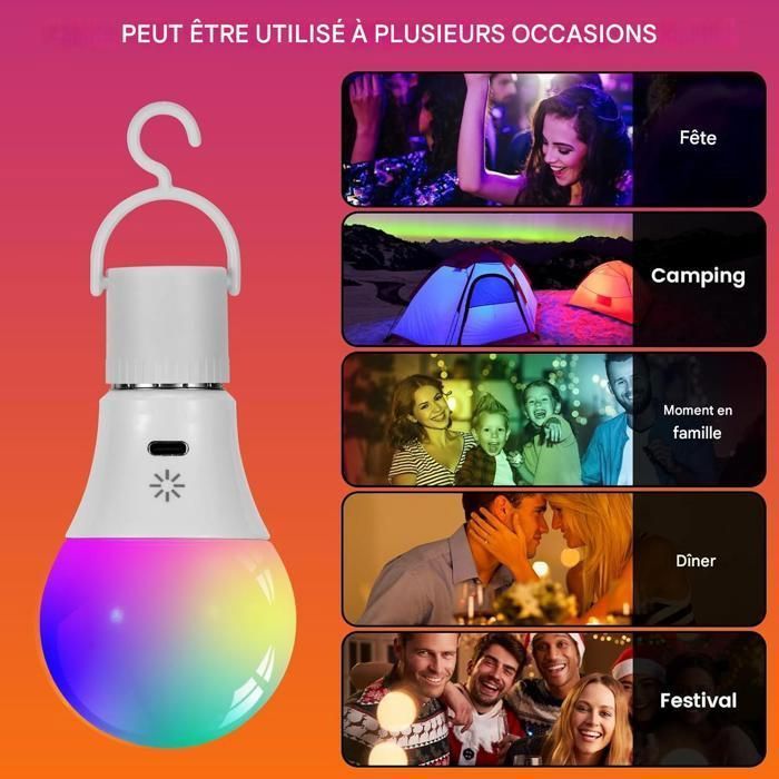 USB C Batterie Ampoule Rechargeable Avec Télécommande -E27 Ampoule Intelligente RGB -3 Températures de Couleur - 2000mAh -5W - 2Pcs