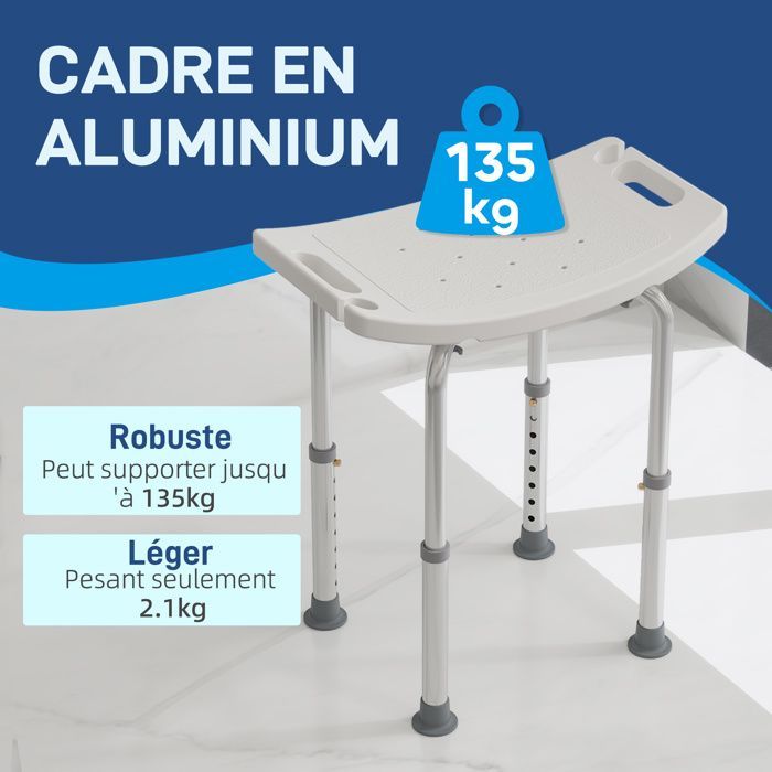 Taburete de ducha - HOMCOM - silla ajustable para personas mayores y personas con discapacidad, con patas antideslizantes - aluminio - blanco