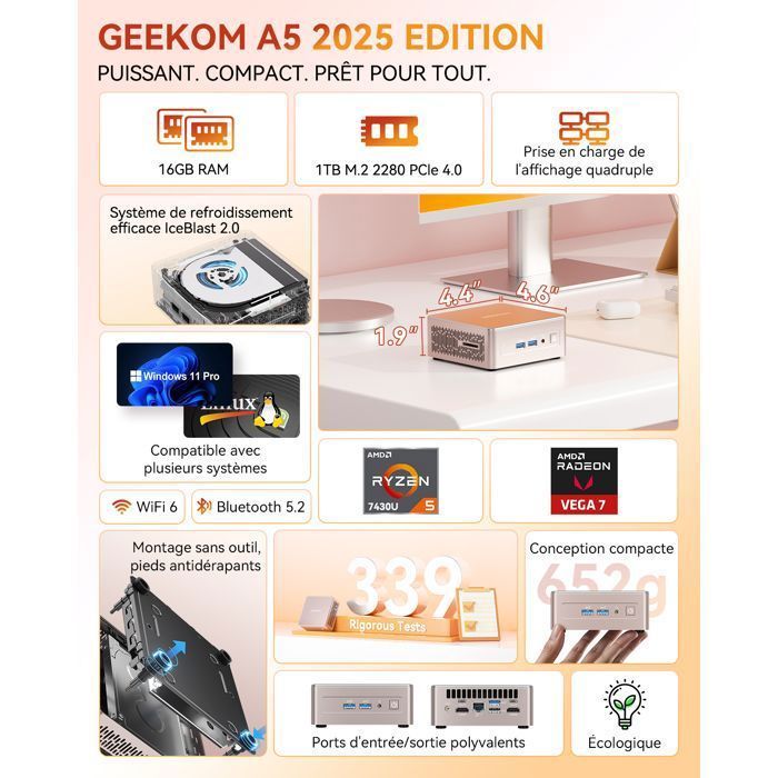 GEEKOM A5 Mini-pc met AMD Ryzen 5 7430U, 512 GB SSD, 16 GB RAM, desktopcomputer, 8K-scherm, dubbele HDMI-poort, Windows 11 Pro
