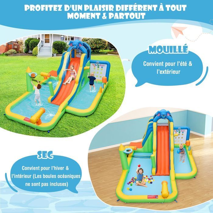 Château Gonflable 9 en 1 DREAMADE avec Toboggan, Mur d'Escalade, Piscine à Balles, Charge 90kg, en Forme Éléphant