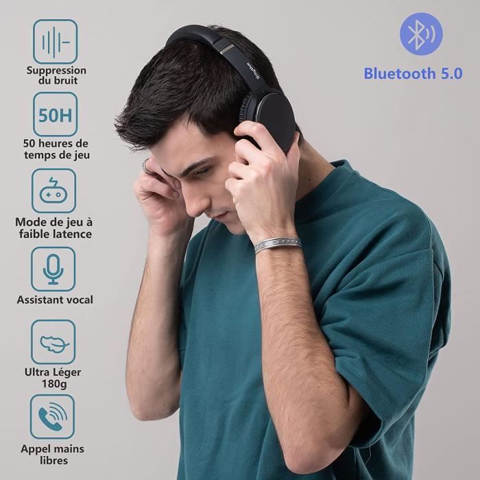 Srhythm NC25 Wireless Bluetooth Headphones with Noise Cancellation, Bluetooth 5.0, 50H Playtime, Voice Assistant, Low Latency Gaming Mode - Black