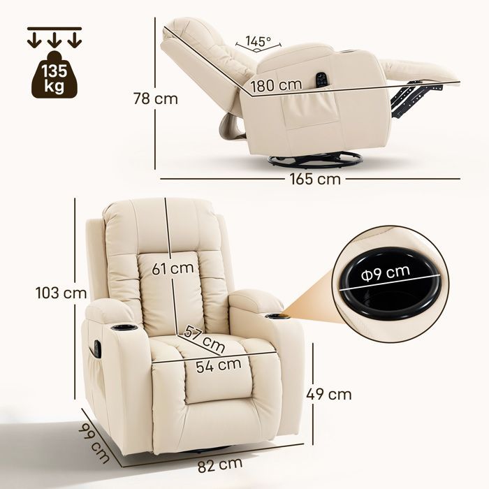 Fauteuil inclinable - HOMCOM - massage et chauffage - dossier réglable, pivotant 360°, repose-pied - PU - 82x99x103cm - crème