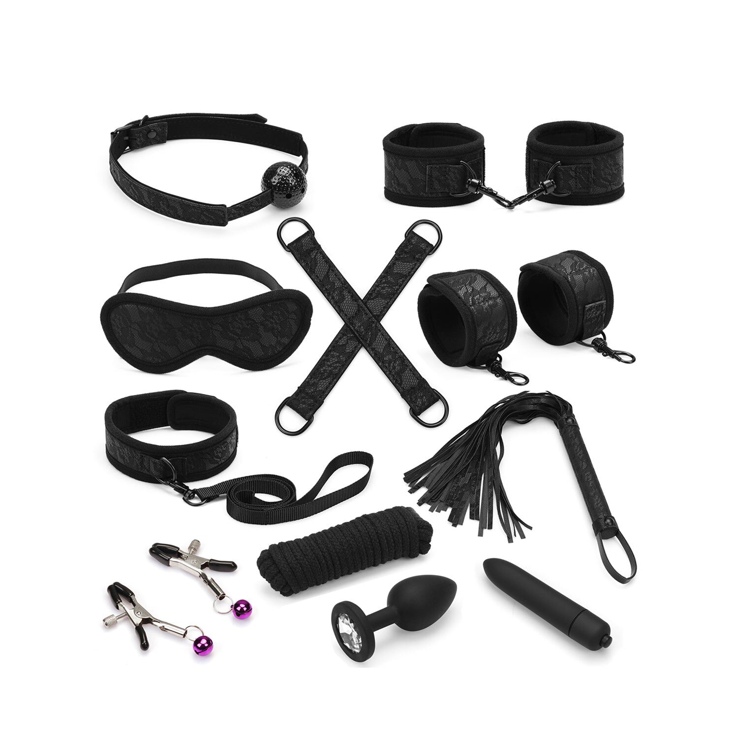 Liebe Seele 11-teiliges Bondage-Set aus schwarzer Spitze und Neopren