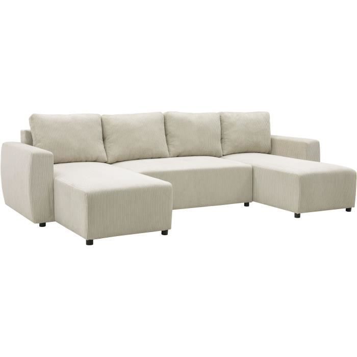 PHARELL 7-seater panoramic convertible sofa - Beige corduroy - Storage compartment - W297 x D155 x H85